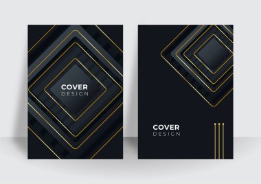 Modern siyah kapak tasarımı seti. Lüks, yaratıcı, altın dinamik çizgi modeli. İş broşürü, poster, defter, menü şablonu için resmi premium vektör arkaplanı