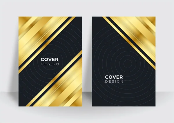 Modernes Schwarzes Cover Design Set Luxus Kreativen Gold Dynamischen Linienmuster — Stockvektor