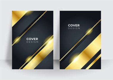 Modern siyah kapak tasarımı seti. Lüks, yaratıcı, altın dinamik çizgi modeli. İş broşürü, poster, defter, menü şablonu için resmi premium vektör arkaplanı