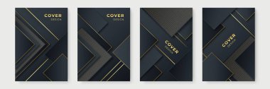 Modern siyah altın kapak tasarımı seti. Lüks yaratıcı altın dinamik diyagonal çizgi deseni. İş broşürü, poster, defter, menü şablonu için resmi premium vektör arkaplanı