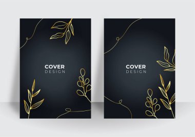 Modern siyah kapak tasarımı seti. Lüks, yaratıcı, altın dinamik çizgi modeli. İş broşürü, poster, defter, menü şablonu için resmi premium vektör arkaplanı