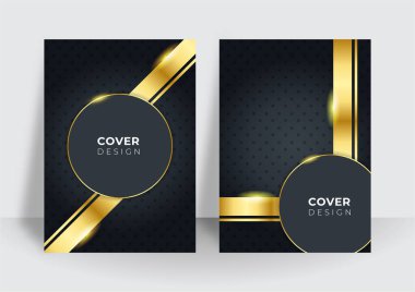 Modern siyah kapak tasarımı seti. Lüks, yaratıcı, altın dinamik çizgi modeli. İş broşürü, poster, defter, menü şablonu için resmi premium vektör arkaplanı