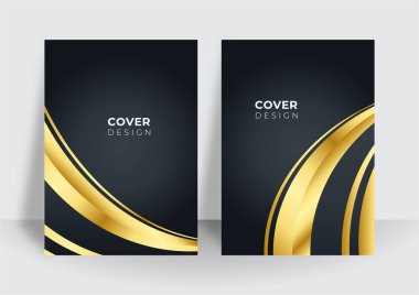 Modern siyah kapak tasarımı seti. Lüks, yaratıcı, altın dinamik çizgi modeli. İş broşürü, poster, defter, menü şablonu için resmi premium vektör arkaplanı