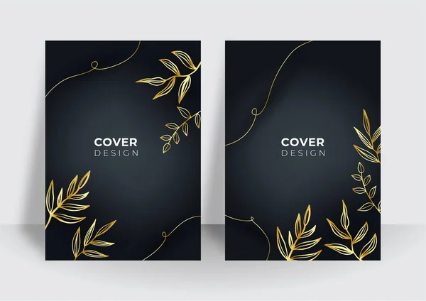 Conjunto Diseño Cubierta Negra Moderna Patrón Línea Dinámica Oro Creativo — Vector de stock