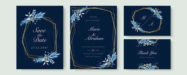 Set Card Flower Rose Leaves Wedding Navy Blue Gold Concept — Stock Vector