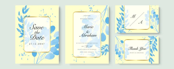 Modello Carta Invito Matrimonio Acquerello Blu Impostato Con Glitter Oro — Vettoriale Stock