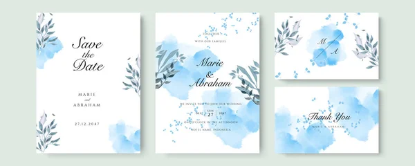 Modelo Cartão Convite Casamento Aquarela Azul Definido Com Brilho Dourado — Vetor de Stock