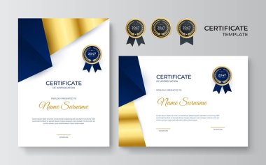 Altın rozetli ve sınırlı başarının mavi ve altın sertifikası. Altın süslemeli sertifika şablonu. Tasarım diploması, ödül. Vektör illüstrasyonu