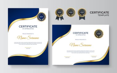 Altın rozetli ve sınırlı başarının mavi ve altın sertifikası. Altın süslemeli sertifika şablonu. Tasarım diploması, ödül. Vektör illüstrasyonu