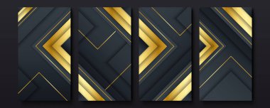 Düzenlenebilir sosyal medya hikayeleri şablonları. Altın kaplamalı sosyal medya çerçeveleri, çizgiler, dinamik şekiller vektör tasarımı