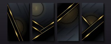 Düzenlenebilir sosyal medya hikayeleri şablonları. Altın kaplamalı sosyal medya çerçeveleri, çizgiler, dinamik şekiller vektör tasarımı