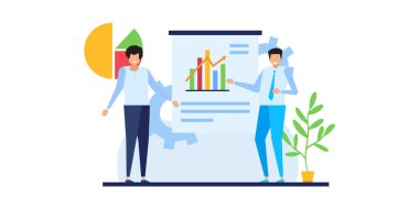 Piyasa tahmini. Eğilimler analitik, iş pazarlama stratejisi ve pazar tahmini. Banka dijital ticareti, engelleme zinciri finans analiz şeması. Düz vektör izole resimleme simgeleri