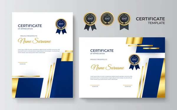 Plantilla Certificado Logro Azul Dorado Con Insignia Oro Borde Plantilla — Vector de stock