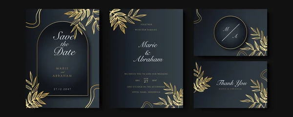 Schwarz Goldene Hochzeitseinladungsvorlagen Set Abstraktes Florales Design Hintergrund Set Luxuriöse — Stockvektor