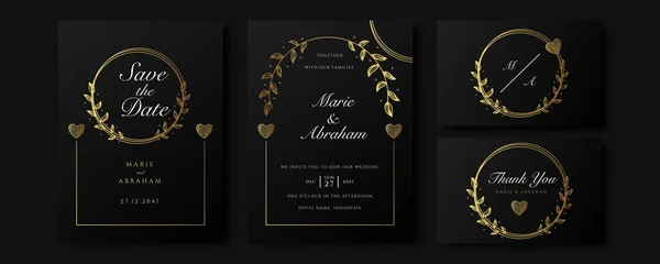 Schwarz Goldene Hochzeitseinladungsvorlagen Set Abstraktes Florales Design Hintergrund Set Luxuriöse — Stockvektor