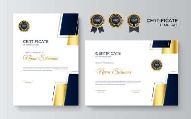 Altın rozetli ve sınırlı başarının mavi ve altın sertifikası. Altın süslemeli sertifika şablonu. Tasarım diploması, ödül. Vektör illüstrasyonu