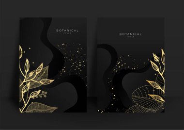 Siyah ve altın düğün davetiye şablonu hazır. Soyut çiçek tasarımı seti. Sanat çiçekli, botanik yapraklı, organik şekilli modern duvar kağıdı.