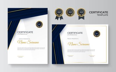 Altın rozetli ve sınırlı başarının mavi ve altın sertifikası. Altın süslemeli sertifika şablonu. Tasarım diploması, ödül. Vektör illüstrasyonu