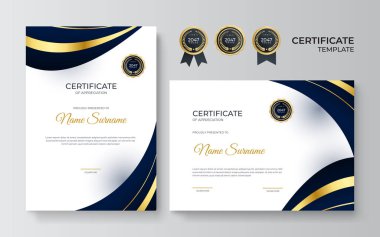 Altın rozetli ve sınırlı başarının mavi ve altın sertifikası. Altın süslemeli sertifika şablonu. Tasarım diploması, ödül. Vektör illüstrasyonu