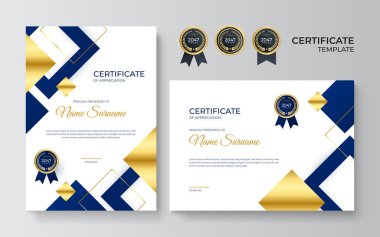 Altın rozetli ve sınırlı başarının mavi ve altın sertifikası. Altın süslemeli sertifika şablonu. Tasarım diploması, ödül. Vektör illüstrasyonu