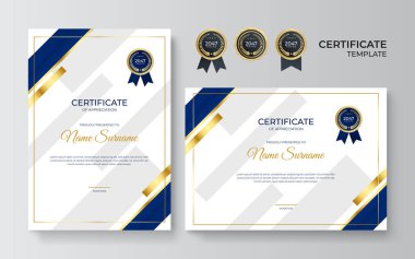Altın rozetli ve sınırlı başarının mavi ve altın sertifikası. Altın süslemeli sertifika şablonu. Tasarım diploması, ödül. Vektör illüstrasyonu