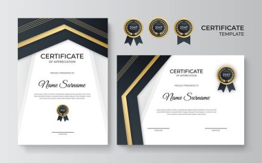 Prömiyer sertifika şablonu. Altın süslemeli takdir belgesi şablonu. Tasarım diploması, ödül. Vektör illüstrasyonu