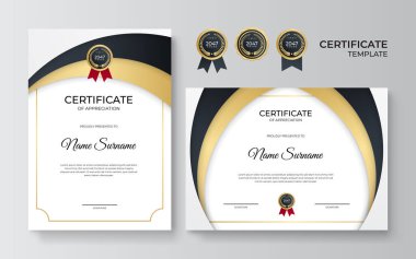 Prömiyer sertifika şablonu. Altın süslemeli takdir belgesi şablonu. Tasarım diploması, ödül. Vektör illüstrasyonu