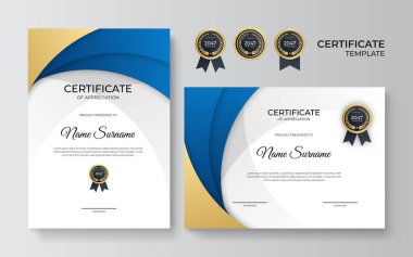 Prömiyer sertifika şablonu. Altın süslemeli takdir belgesi şablonu. Tasarım diploması, ödül. Vektör illüstrasyonu