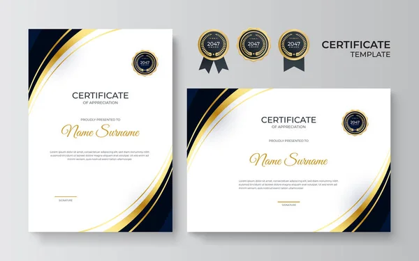 Certificado Azul Dourado Modelo Realização Com Crachá Ouro Borda Modelo — Vetor de Stock