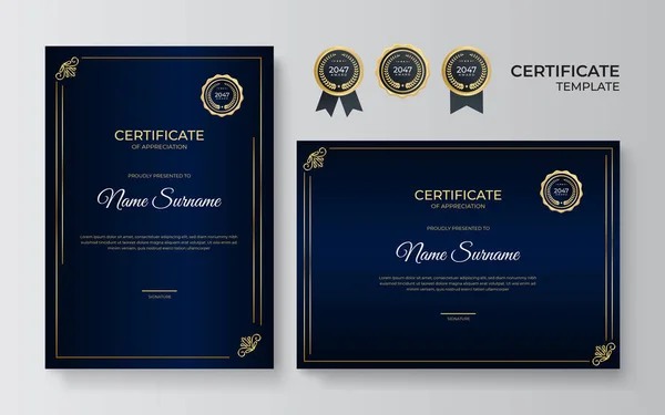 Modrý Zlatý Certifikát Úspěchu Šablony Zlatým Odznakem Okrajem Šablona Certifikátu — Stockový vektor