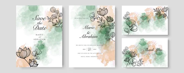 Roségold Aquarell Hochzeitseinladungskarte Vorlage Set Mit Goldenem Blumenschmuck Abstrakter Hintergrund — Stockvektor