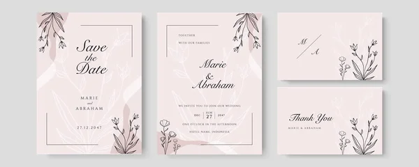 水彩画婚礼套件一套带有叶子和叶线艺术花卉的卡片 招贴画 彩绘问候的花卉时尚模板 — 图库矢量图片