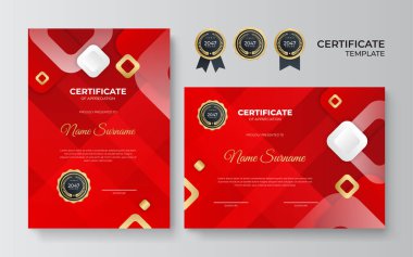 Sertifika şablonu. Modern tasarım veya hediye çeki diploması. Kırmızı ve altın renk temalı vektör illüstrasyonu