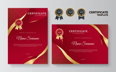 Lüks rozetli ve modern çizgili kırmızı ve altın sertifikalı sınır şablonu. Ödül, iş, organizasyon, şirket ve eğitim ihtiyaçları için