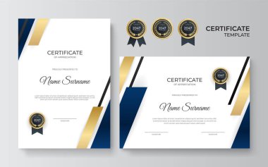 Takdir belgesi, altın ve mavi renk. Altın rozetli temiz modern sertifika. Lüks ve modern sınır şablonu sertifikası. Diploma vektör şablonu