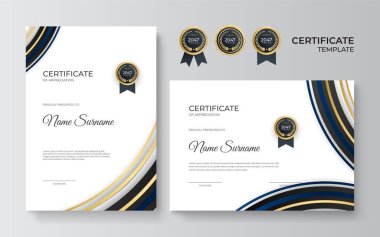 Takdir belgesi, altın ve mavi renk. Altın rozetli temiz modern sertifika. Lüks ve modern sınır şablonu sertifikası. Diploma vektör şablonu