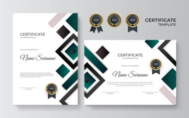 Takdir sertifikası şablonu, altın ve yeşil renk. Altın rozetli temiz modern sertifika. Lüks ve modern sınır şablonu sertifikası. Diploma vektör şablonu