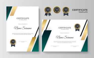 Takdir sertifikası şablonu, altın ve yeşil renk. Altın rozetli temiz modern sertifika. Lüks ve modern sınır şablonu sertifikası. Diploma vektör şablonu
