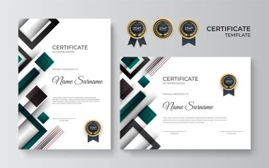 Takdir sertifikası şablonu, altın ve yeşil renk. Altın rozetli temiz modern sertifika. Lüks ve modern sınır şablonu sertifikası. Diploma vektör şablonu