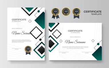 Takdir sertifikası şablonu, altın ve yeşil renk. Altın rozetli temiz modern sertifika. Lüks ve modern sınır şablonu sertifikası. Diploma vektör şablonu