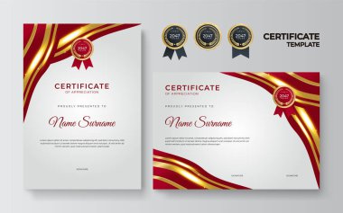 Lüks rozetli ve modern çizgili kırmızı ve altın sertifikalı sınır şablonu. Ödül, iş, organizasyon, şirket ve eğitim ihtiyaçları için