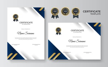 Takdir sertifikası tasarım şablonu mavi ve altın rengi. Eğitim mezuniyeti ya da kurs tamamlamak için lüks diploma düzeni. Vektör arkaplan çizimi