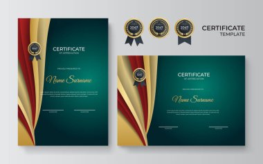 Yeşil, kırmızı ve altın renkli çok amaçlı takdir şablonu sertifikası, altın rozetli modern lüks sınır sertifikası tasarımı