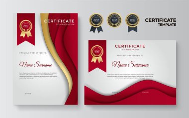 Lüks rozetli ve modern çizgili kırmızı ve altın sertifikalı sınır şablonu. Ödül, iş, organizasyon, şirket ve eğitim ihtiyaçları için
