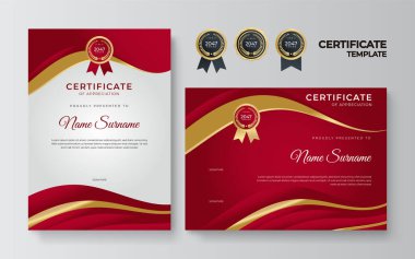 Lüks rozetli ve modern çizgili kırmızı ve altın sertifikalı sınır şablonu. Ödül, iş, organizasyon, şirket ve eğitim ihtiyaçları için