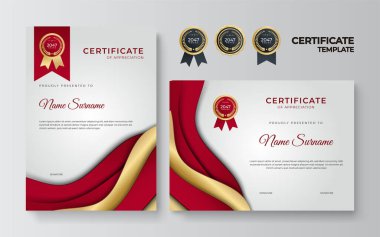 Lüks rozetli ve modern çizgili kırmızı ve altın sertifikalı sınır şablonu. Ödül, iş, organizasyon, şirket ve eğitim ihtiyaçları için