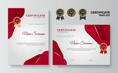 Lüks rozetli ve modern çizgili kırmızı ve altın sertifikalı sınır şablonu. Ödül, iş, organizasyon, şirket ve eğitim ihtiyaçları için