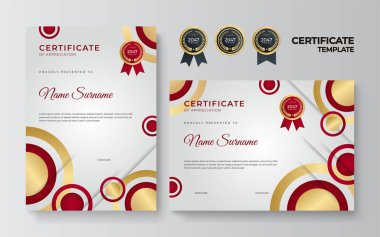 Lüks rozetli ve modern çizgili kırmızı ve altın sertifikalı sınır şablonu. Ödül, iş, organizasyon, şirket ve eğitim ihtiyaçları için