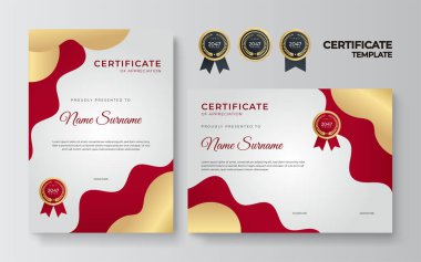 Lüks rozetli ve modern çizgili kırmızı ve altın sertifikalı sınır şablonu. Ödül, iş, organizasyon, şirket ve eğitim ihtiyaçları için