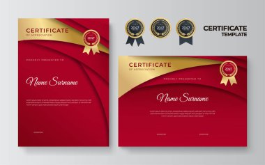 Lüks rozetli ve modern çizgili kırmızı ve altın sertifikalı sınır şablonu. Ödül, iş, organizasyon, şirket ve eğitim ihtiyaçları için